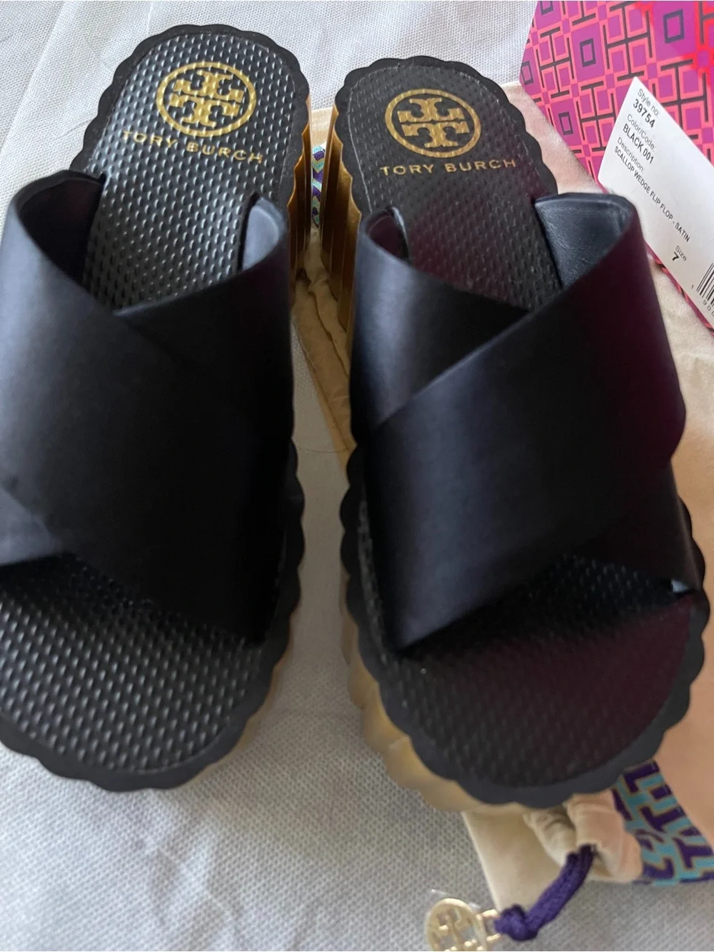 Tory Burch Black Satin Scallop Wedge Platform Cross-Strap Slide Sandals